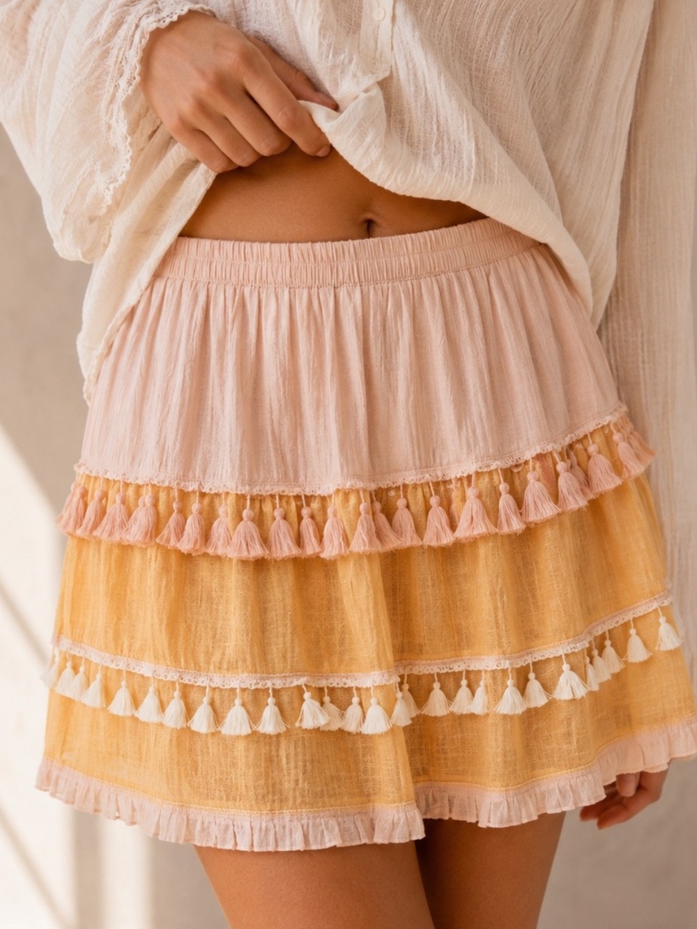 English Factory Pink and Yellow Tassel Tiered Mini Skirt